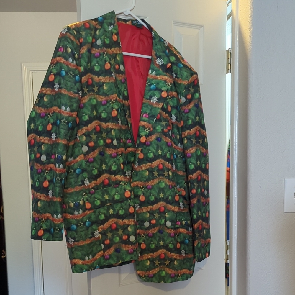 Festive Green Blazer with Colorful Ornaments